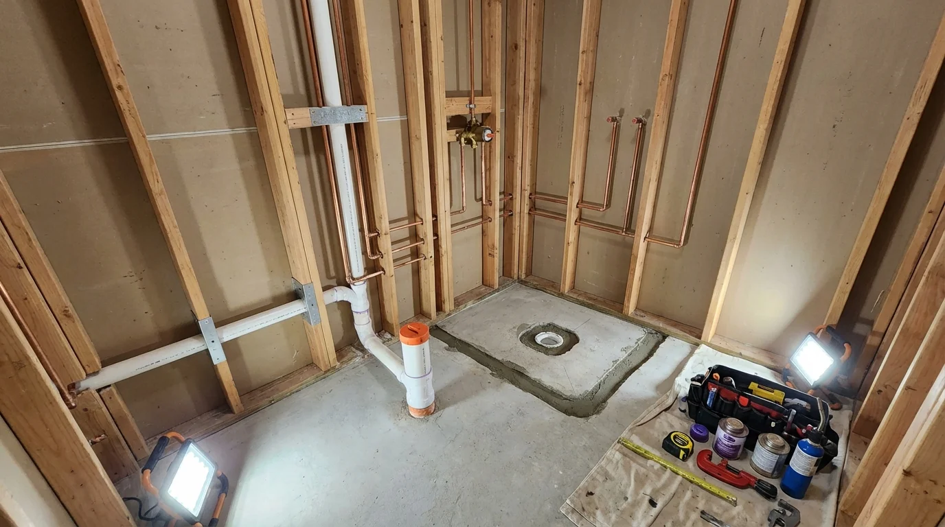 Bathroom rough-in plumbing during remodel by Johns Plumbing LLC in Calimesa