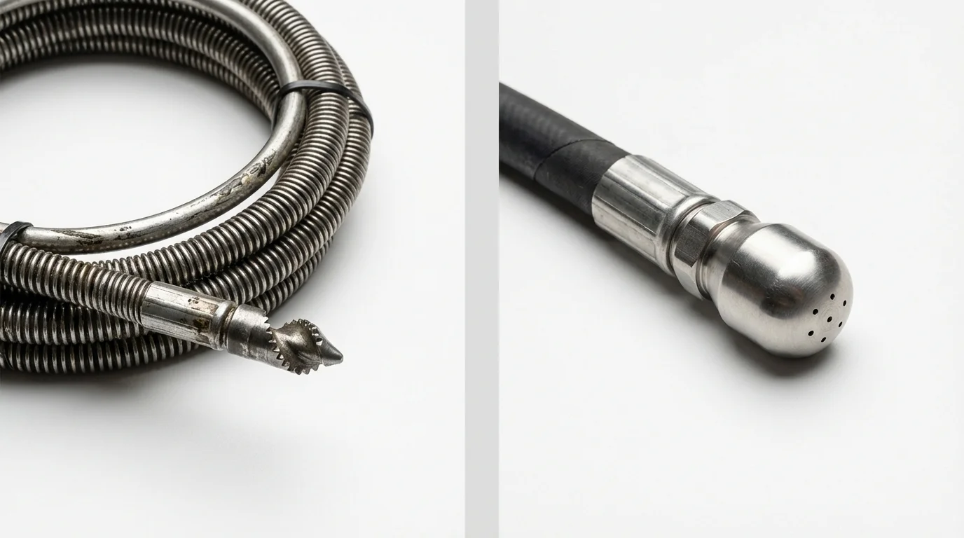 Drain snake cable and hydro jetting nozzle used for drain cleaning in Calimesa, CA