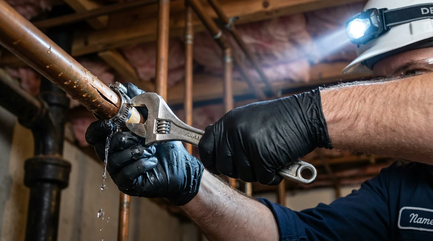 Emergency pipe clamp repair being performed by a Johns Plumbing LLC plumber in Calimesa