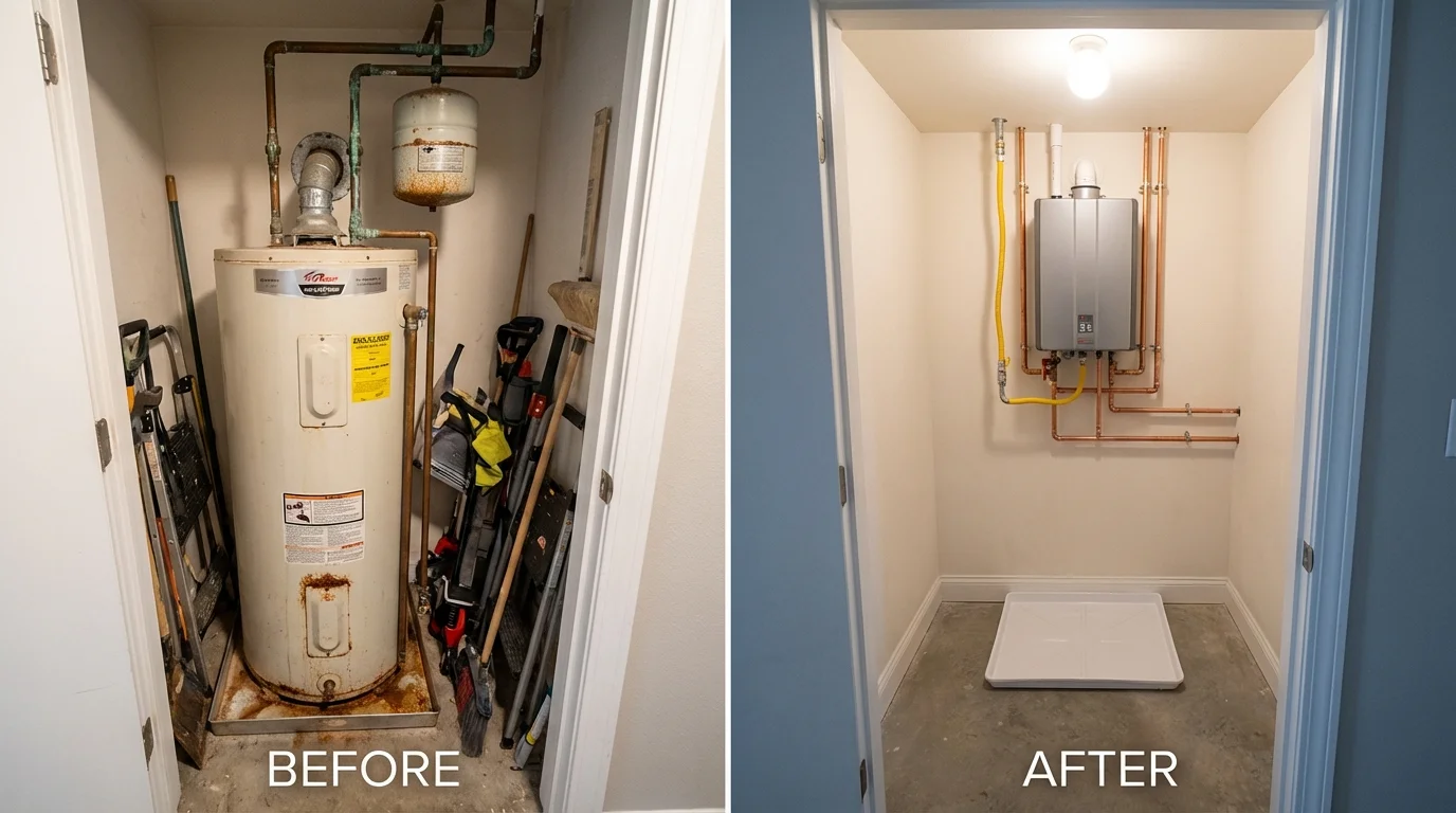 Tank water heater versus wall-mounted tankless unit comparison for Calimesa, CA homeowners